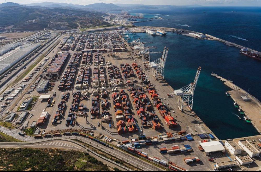 An aerial view of a major container port and free zone
