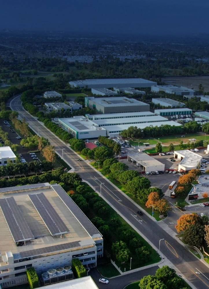 An aerial view of an industrial park and logistics facility